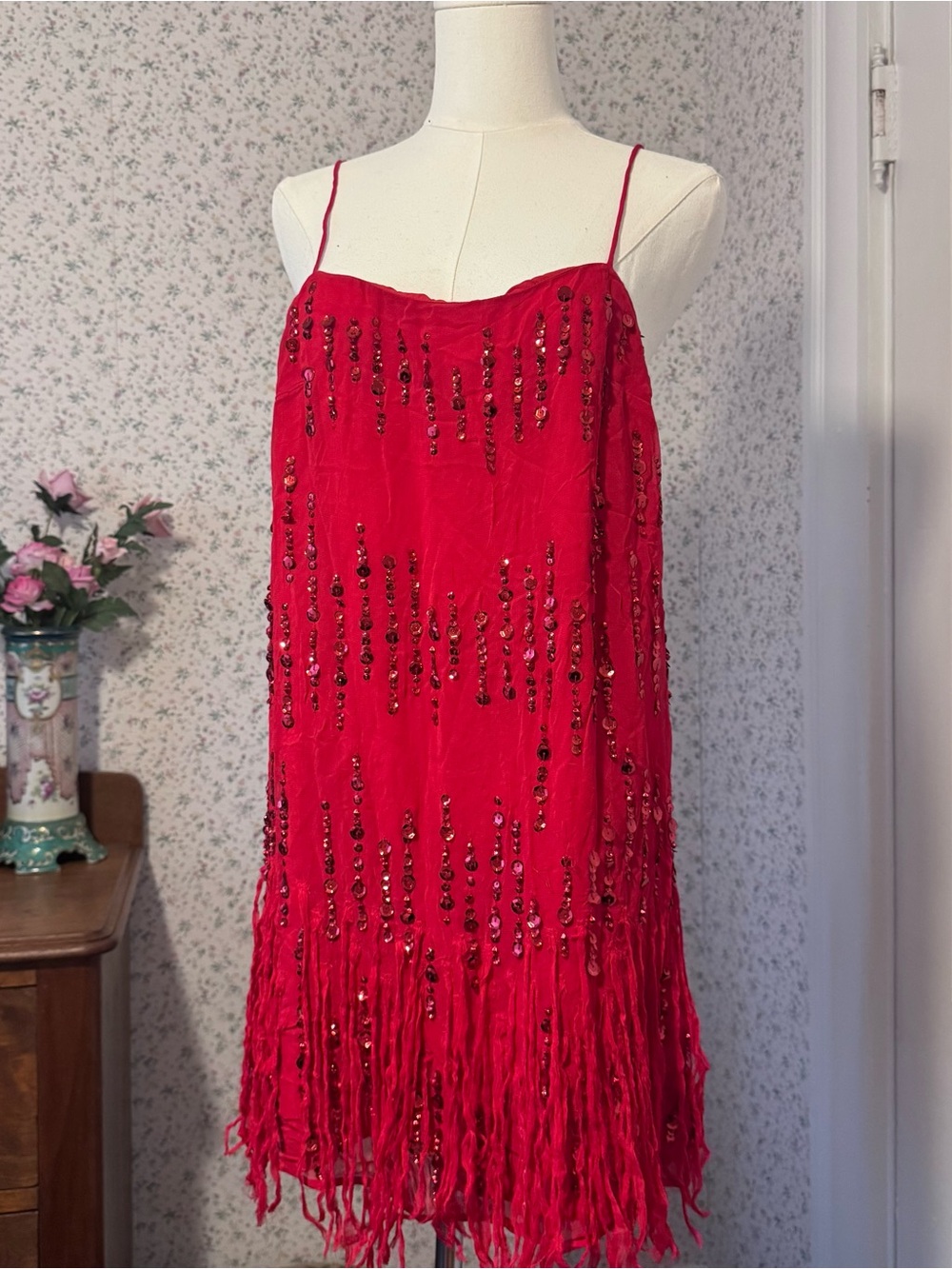 Free People Crystal Clear Mini Red Beaded Fringe Slip Dress